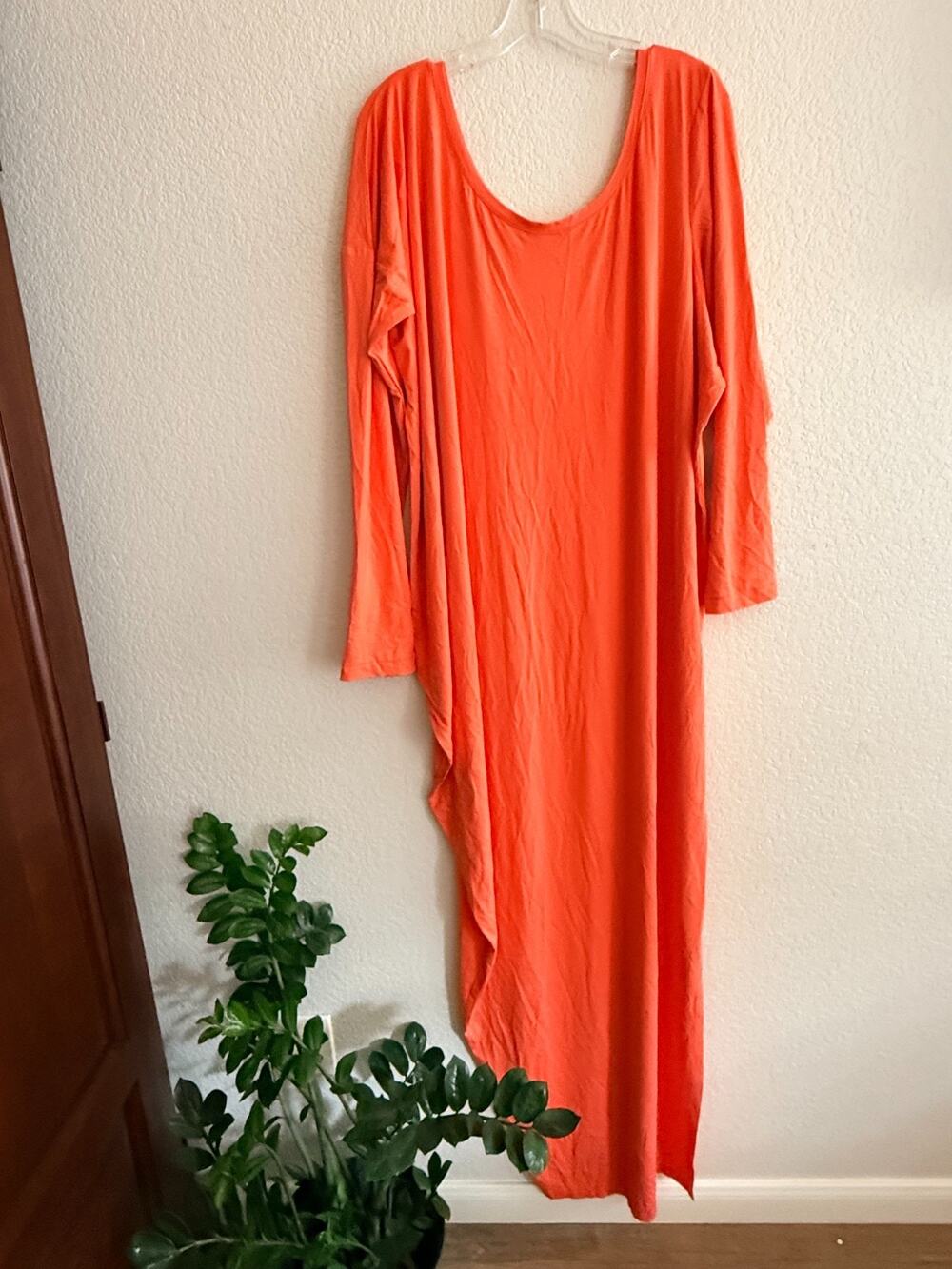 Cynthia Psarru Couture XL Coral Orange Asymmetrical Maxi Dress Lagenlook Draped